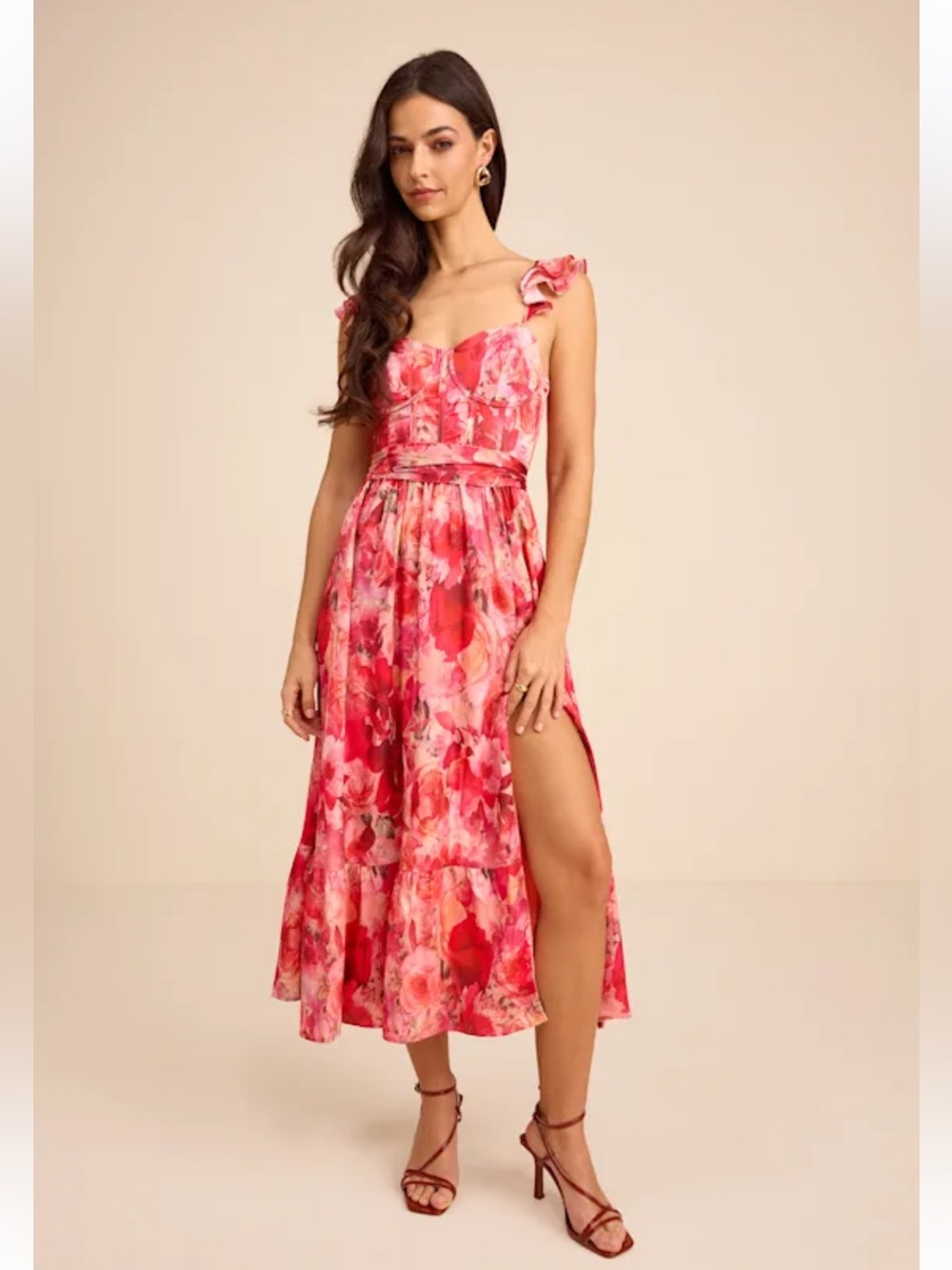 Lulus Sweet Like Sangria Pink Floral Ruffled Bustier Midi Dress - Size XL Flirty - Picture 1 of 8